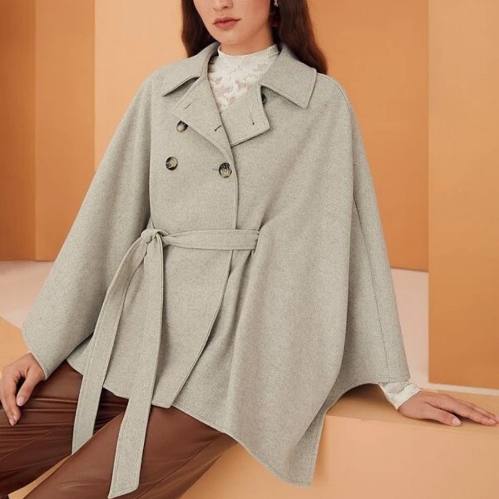 Double Breasted Cloak Sleeve Belted Jacket Cape Overcoat - Picture 2 of 9